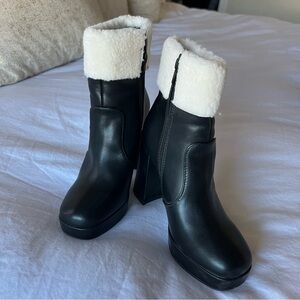 Black Cold Babe Faux Sherpa Block Heel Booties From Windsor • Size 7 • Worn Once